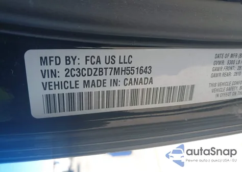 2021 Dodge Challenger R/T z USA, uszkodzony, nr VIN 2C3CDZBT7MH551643